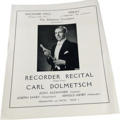 Carl Dolmetsch Recorder Recital Programme Wigmore Hall 1957 Classical Music - Chorlton Analogue