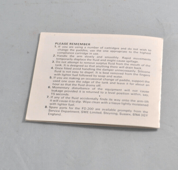 SME FD200 Fluid Damping Kit Manual - Chorlton Analogue